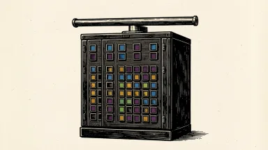 IBM coverage initiated with a Hold rating: a large mainframe computer cabinet with a heavy metal bar resting in a balanced, stationary position on top.