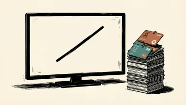 Netflix facing job cuts and declining viewership: a television screen showing a downward trend next to a stack of employee ID cards.