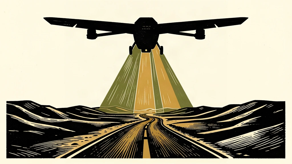 An editorial illustration showing a large drone silhouette casting precise beams of light onto a desert road to represent expanded intelligence support.