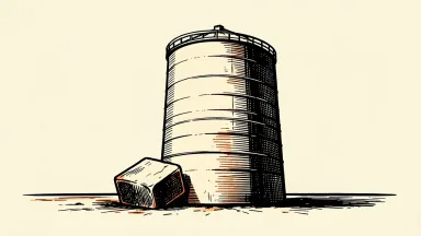 Chevron facing a one-time loss: a massive, intact industrial storage silo tilting slightly under the weight of a heavy stone block at its base.