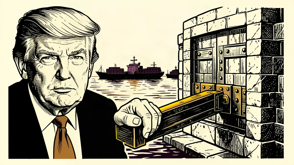 An editorial illustration showing Trump at a large lever that controls a massive gate blocking cargo ships, representing the threat to halt trade. Identity photo references adapted into illustration: Daniel Torok (Public domain; https://commons.wikimedia.org/wiki/File:Official_Presidential_Portrait_of_President_Donald_J._Trump_(2025).jpg); source https://commons.wikimedia.org/wiki/File:Official_Presidential_Portrait_of_President_Donald_J._Trump_(2025).jpg