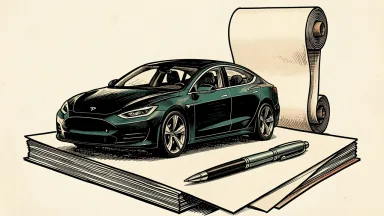 Tesla credit facility expansion: an electric car silhouette positioned between a terminated contract and a large upright document roll.