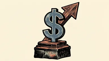 Dollar General upgraded to Buy: a large dollar sign icon is elevated on a pedestal by a rising arrow.