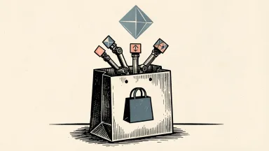 Shopify AI agent potential: mechanical arms emerging from a shopping bag reach toward a distant, glowing geometric tile.