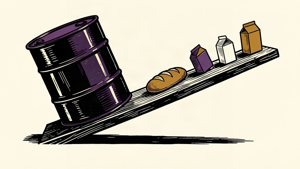An editorial illustration showing a heavy oil barrel tipping a scale, causing consumer goods to slide toward the edge, representing the risk of second-round inflation effects.