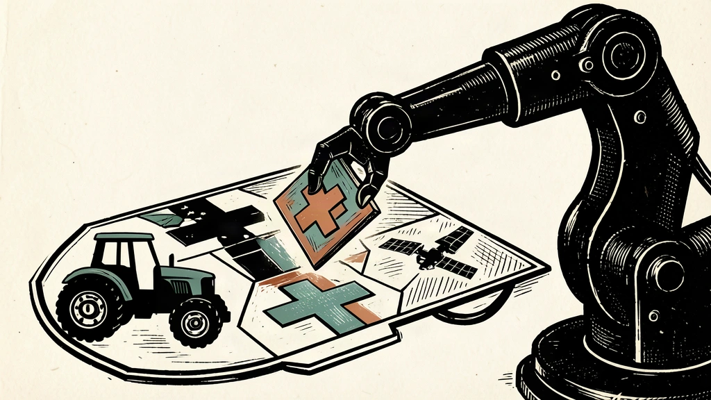 An editorial illustration showing a large industrial robotic arm integrating a new component into a grid of symbols representing agriculture, healthcare, and space.