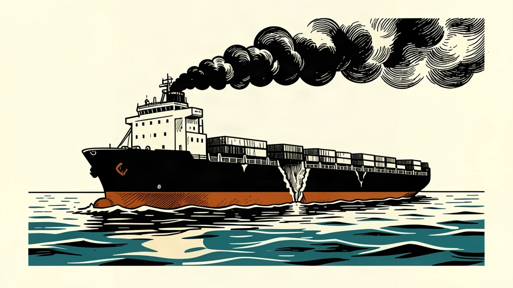 An editorial illustration of a damaged commercial ship with a visible hull breach and rising smoke.