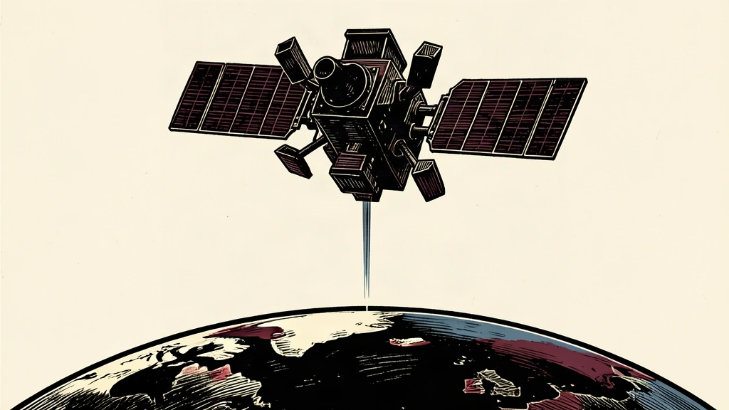 An editorial illustration of a military satellite in orbit, casting a sharp beam of energy into the void above a dark Earth horizon.