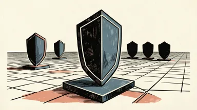 CrowdStrike recognized for proactive security strategy: a large protective shield stands on a raised platform leading a path of receding silhouettes.