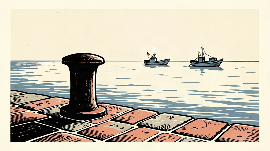 An editorial illustration showing a sturdy mooring bollard on a peaceful, stable stone pier overlooking a calm sea.