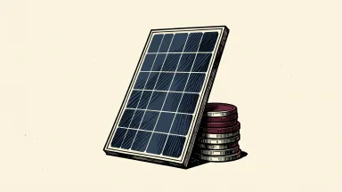 Sunrun's price target is cut, shown as a solar panel leaning on a small stack of coins.