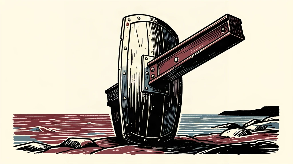A large shield on a coast is braced from behind by a heavy industrial support beam.