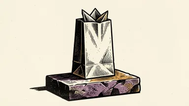 McDonald's stock rating maintained at equal-weight: a single paper takeout bag resting on a perfectly level stone plinth.
