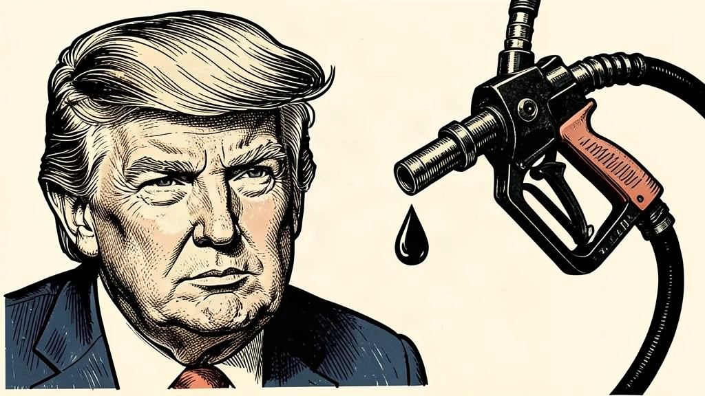 A portrait of Donald Trump next to a suspended diesel fuel nozzle with a single drop of fuel. Identity photo references adapted into illustration: Daniel Torok (Public domain; https://commons.wikimedia.org/wiki/File:Official_Presidential_Portrait_of_President_Donald_J._Trump_(2025).jpg); source https://commons.wikimedia.org/wiki/File:Official_Presidential_Portrait_of_President_Donald_J._Trump_(2025).jpg