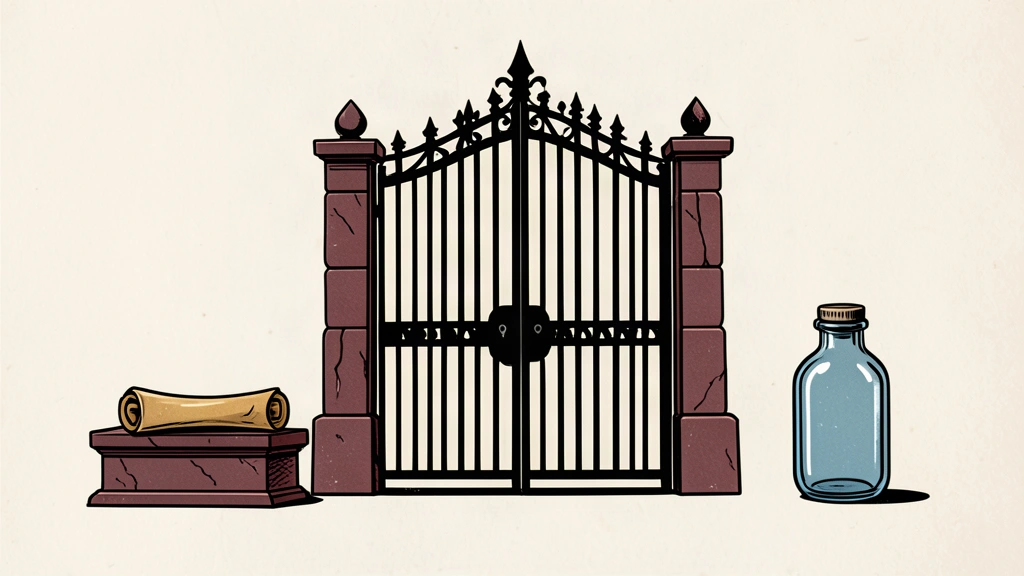 A linocut illustration of a closed iron gate flanked by a legal scroll and a medical vial, symbolizing travel warnings and preparation.