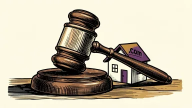 GoDaddy faces a securities fraud class action: a large gavel looms over a small house icon labeled with a .com domain tag.