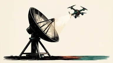 Powerus counter-drone systems: a ground-based radar dish directs a beam toward a small quadcopter drone, halting its flight.