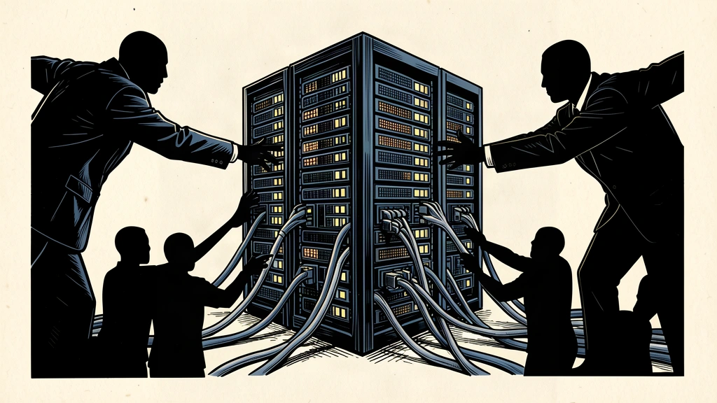 An editorial illustration showing a server rack being pulled back by workers while larger figures push it forward, representing the tension between AI safety calls and geopolitical competition.