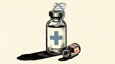 AstraZeneca's efzimfotase alfa replacing an older drug: a large pharmaceutical vial stands prominently as a smaller one is moved into the background.