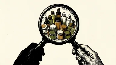 NIQ expands its health and beauty data tracking: a magnifying glass brings a cluster of cosmetic products into sharp focus.