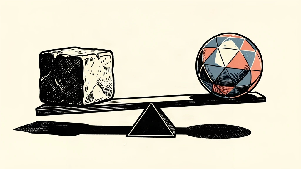 A balance scale holds a heavy stone block and a polished sphere at equal heights, illustrating the parity between bond yields and equity earnings.