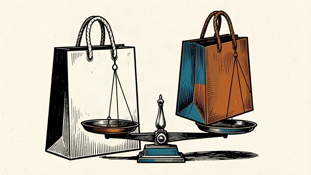 A large department store shopping bag on a scale easily outweighs a heavy block, representing a significant earnings beat.