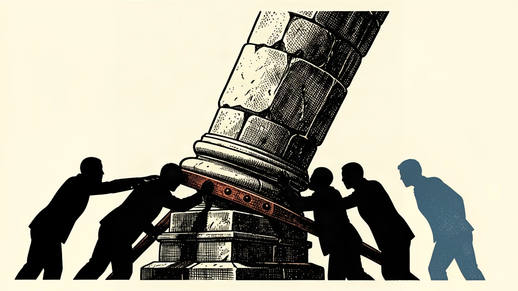 A group of silhouettes use a large lever to begin lifting a massive stone pillar, representing the first interest rate hike in years.