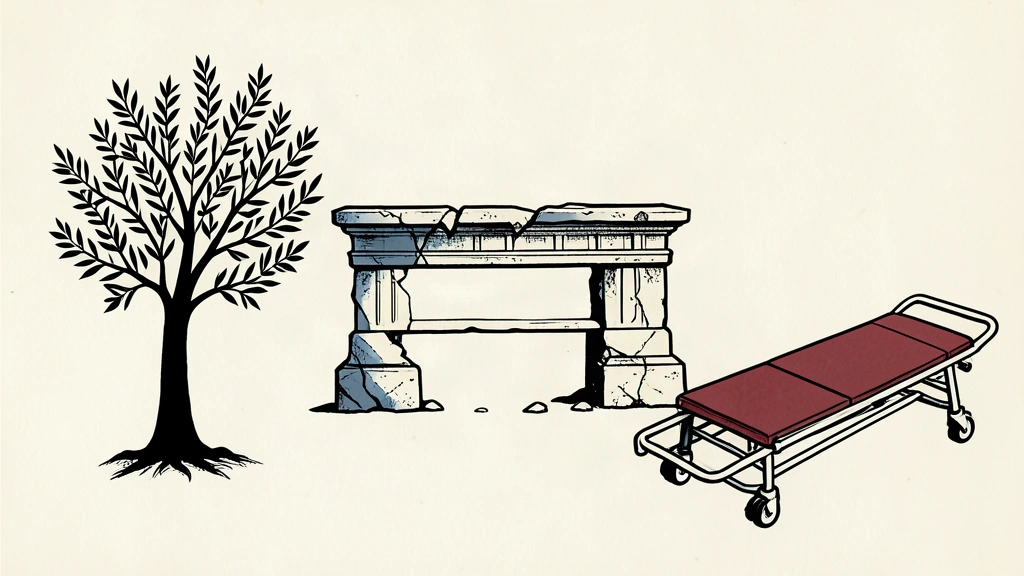 A linocut illustration of a damaged stone building, a sparse olive tree, and a medical stretcher with a red accent.