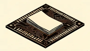 Qualcomm resale prospectus: a large semiconductor chip with a fanned stack of paper documents resting on its surface.