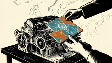 LKQ Europe deploying Whatfix digital adoption platform: hands hold a glowing digital tile over an automotive engine to guide a training path.