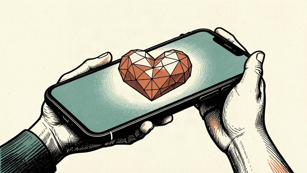 A conceptual illustration of a smartphone screen emitting a glowing, data-driven heart shape held by anonymous hands.
