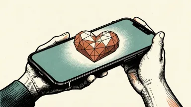A conceptual illustration of a smartphone screen emitting a glowing, data-driven heart shape held by anonymous hands.