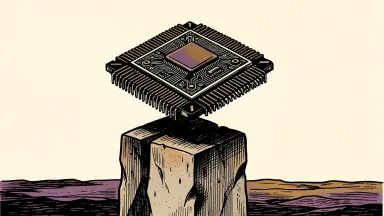 Nvidia reaches a record $5.7 trillion market cap: a large, detailed microchip sits atop a high stone pedestal against a clear sky.