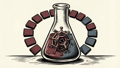 Moderna CEO's concern over AI-driven bioterrorism: a laboratory flask containing a geometric viral structure surrounded by a ring of blank digital tiles.