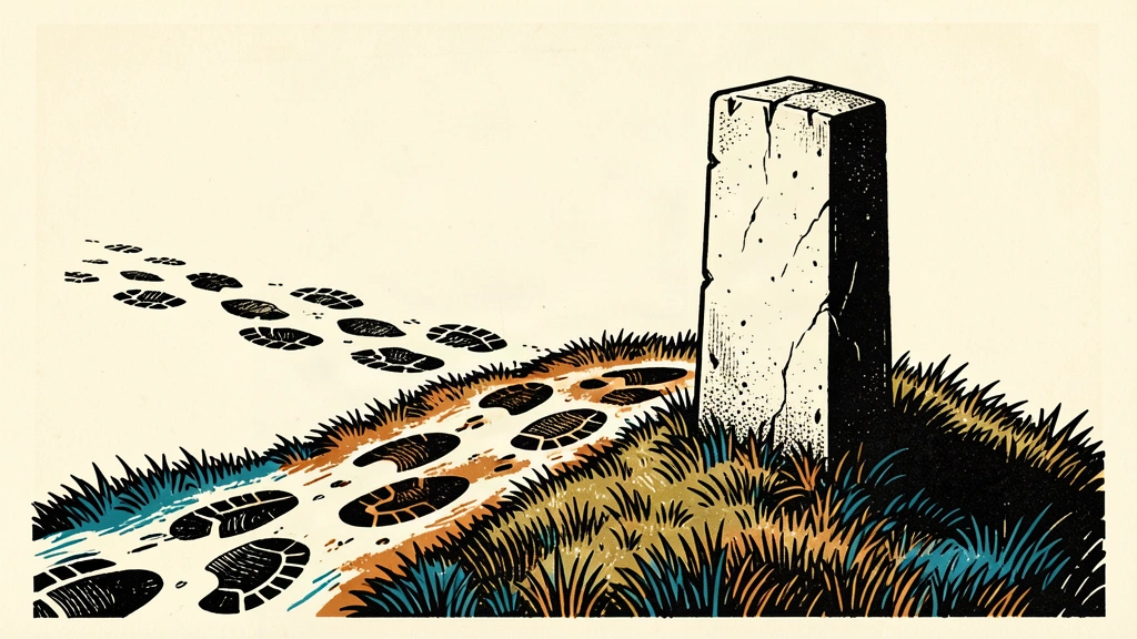 An editorial illustration showing a concrete border post with many overlapping footprints crossing the line beside it.