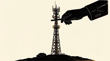 T-Mobile US price target lowered by Scotiabank: a silhouette hand lowers a horizontal bar over a tall telecommunications tower.