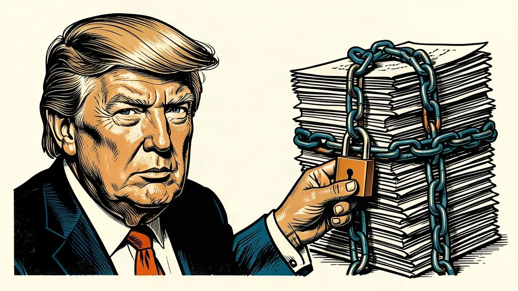 An editorial illustration showing Donald Trump next to a chained and padlocked stack of documents, representing the potential declassification of records. Identity photo references adapted into illustration: Daniel Torok (Public domain; https://commons.wikimedia.org/wiki/File:Official_Presidential_Portrait_of_President_Donald_J._Trump_(2025).jpg); source https://commons.wikimedia.org/wiki/File:Official_Presidential_Portrait_of_President_Donald_J._Trump_(2025).jpg