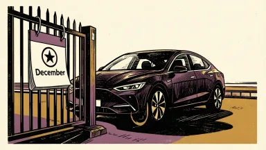 Tesla stock faces pressure as an EU vote on Full Self-Driving is delayed: a car waits behind a closed gate with a December calendar page.
