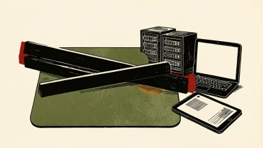 Microsoft and Adobe face green card program suspension: a large green card is partially blocked by a heavy black barrier next to tech industry server equipment.