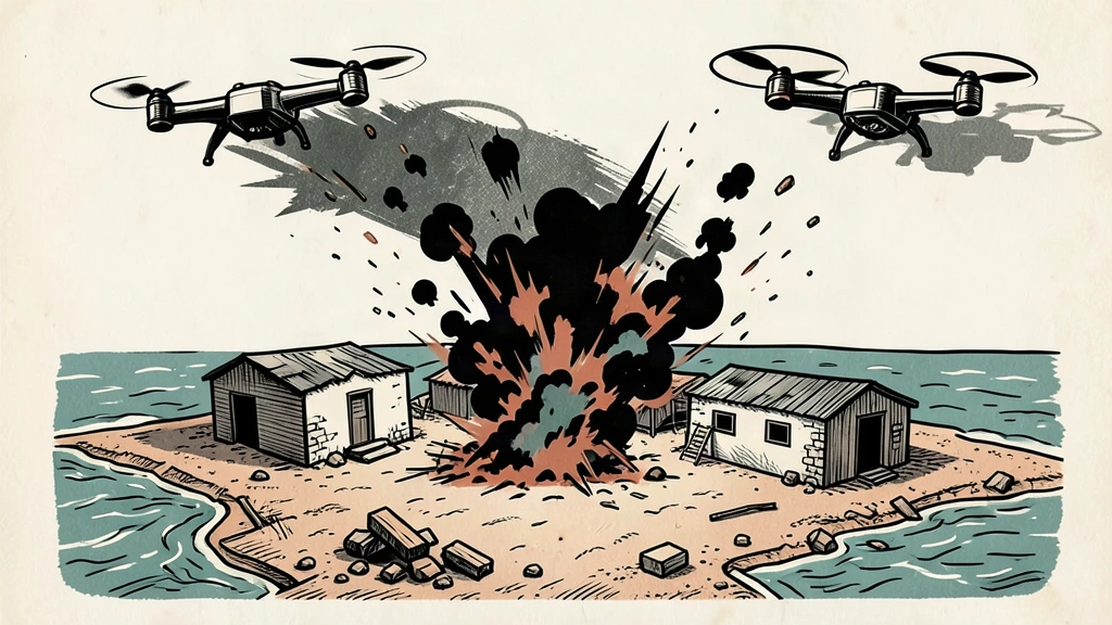 Linocut illustration of a drone hovering over a coastal camp where a dark smoke plume and debris burst from a central impact point.