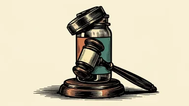 Hims & Hers Health faces a securities fraud lawsuit: a large prescription bottle is pinned by a heavy legal gavel.