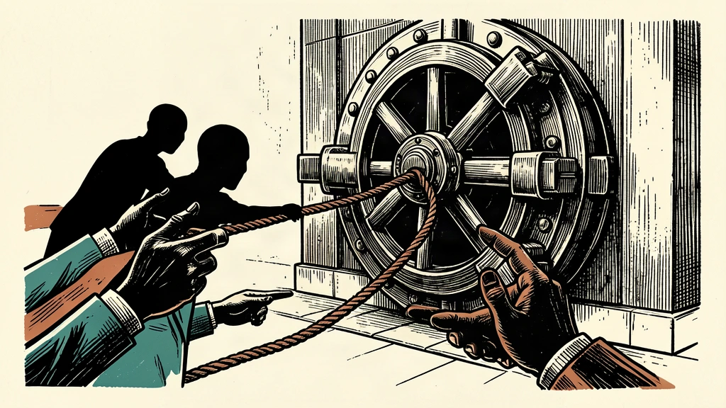 An editorial illustration showing a pair of hands pulling a rope to align a massive vault door with a specific mark.