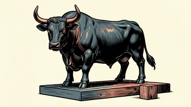 Invesco price target cut depicted as a bronze bull statue with a lowered wooden block beside its pedestal.