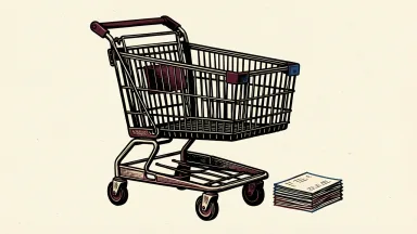Kroger's empty shopping cart beside a small stack of papers, representing corporate job cuts.