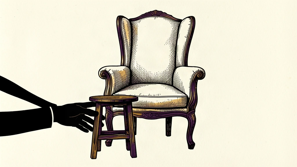 A large central chair with a smaller stool placed on its seat, held in place by a silhouette hand to represent conditional political backing.