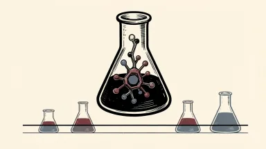 Genmab A/S stock outperforming the market: a large laboratory flask containing an antibody structure rises above a line of smaller flasks.
