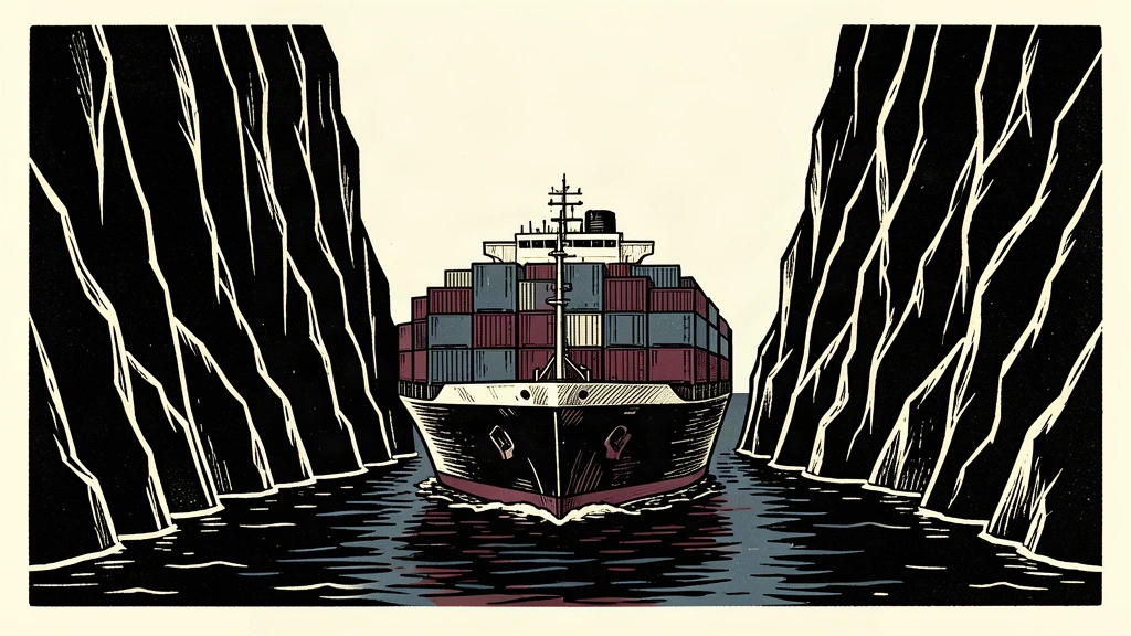 A large container ship is shown navigating a dangerously narrow strait between two massive, dark cliffs.