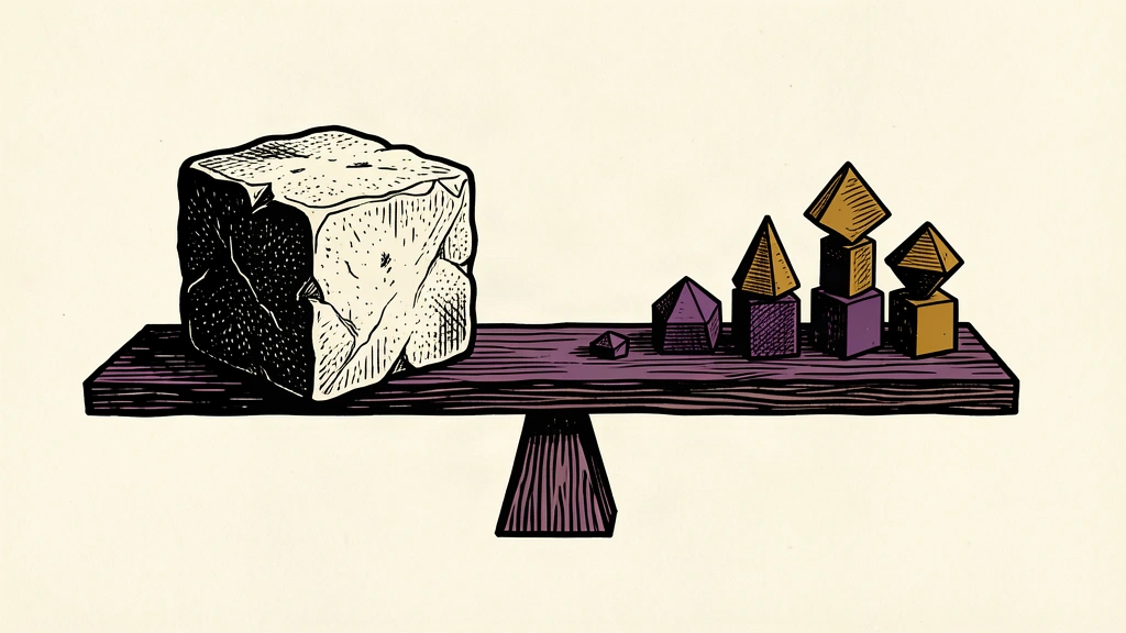 A conceptual illustration of a balance scale weighing a single heavy block against several smaller weights.