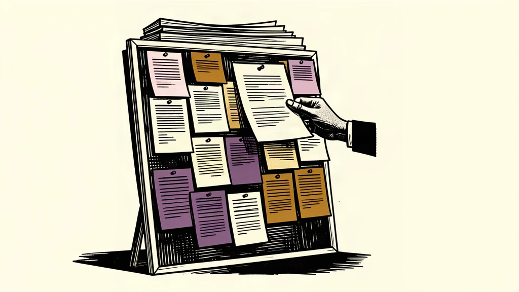 A hand pins a new paper notice onto a thick, growing stack of job advertisements on a bulletin board.