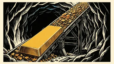 Allied Gold reports resource growth and mine life extension: a gold bar elongates into the distance as a conveyor belt lifts raw ore from a mine shaft.